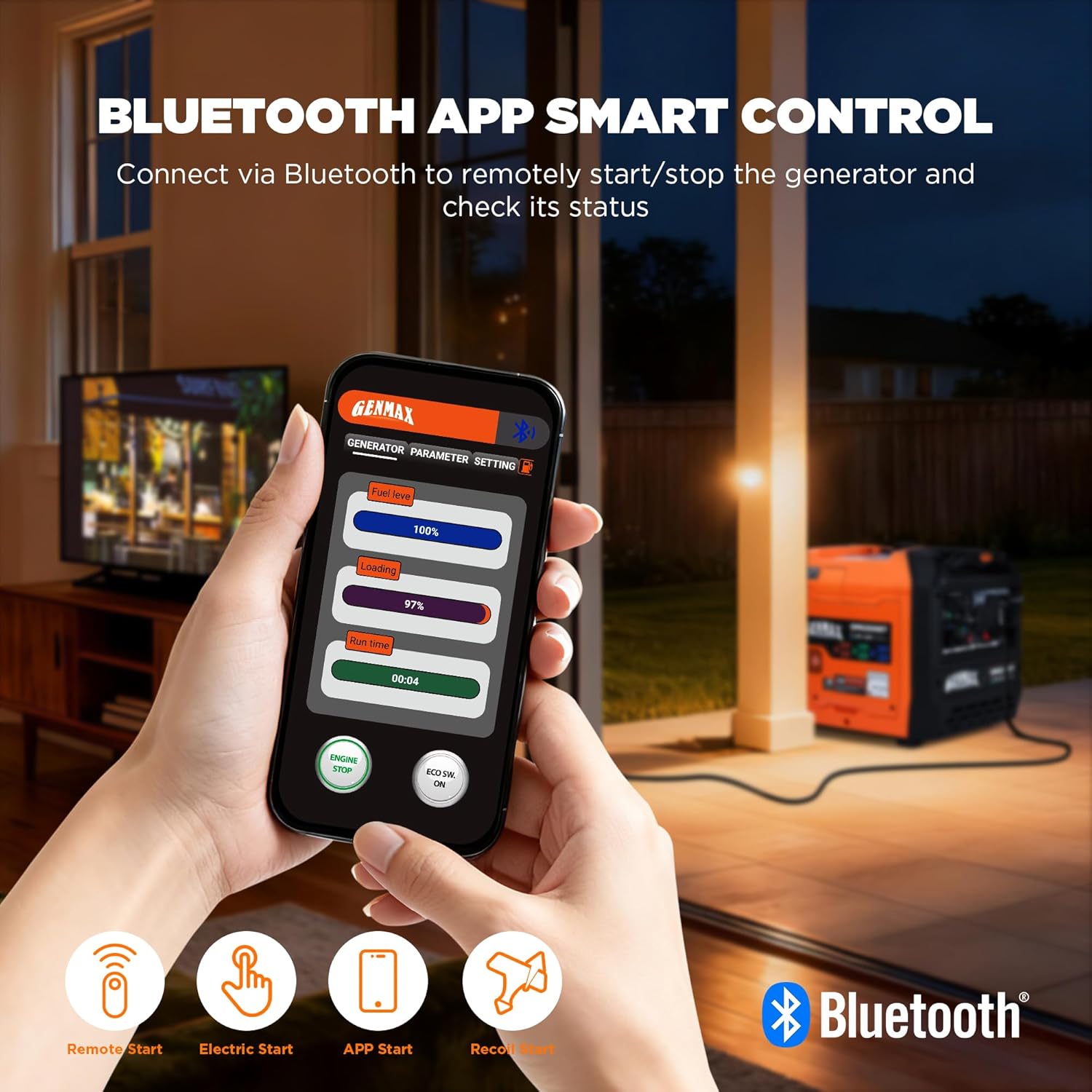 GENMAX 6250w Tri-Fuel Inverter Generator 2-Wire Auto Start/Stop, Bluetooth APP Control