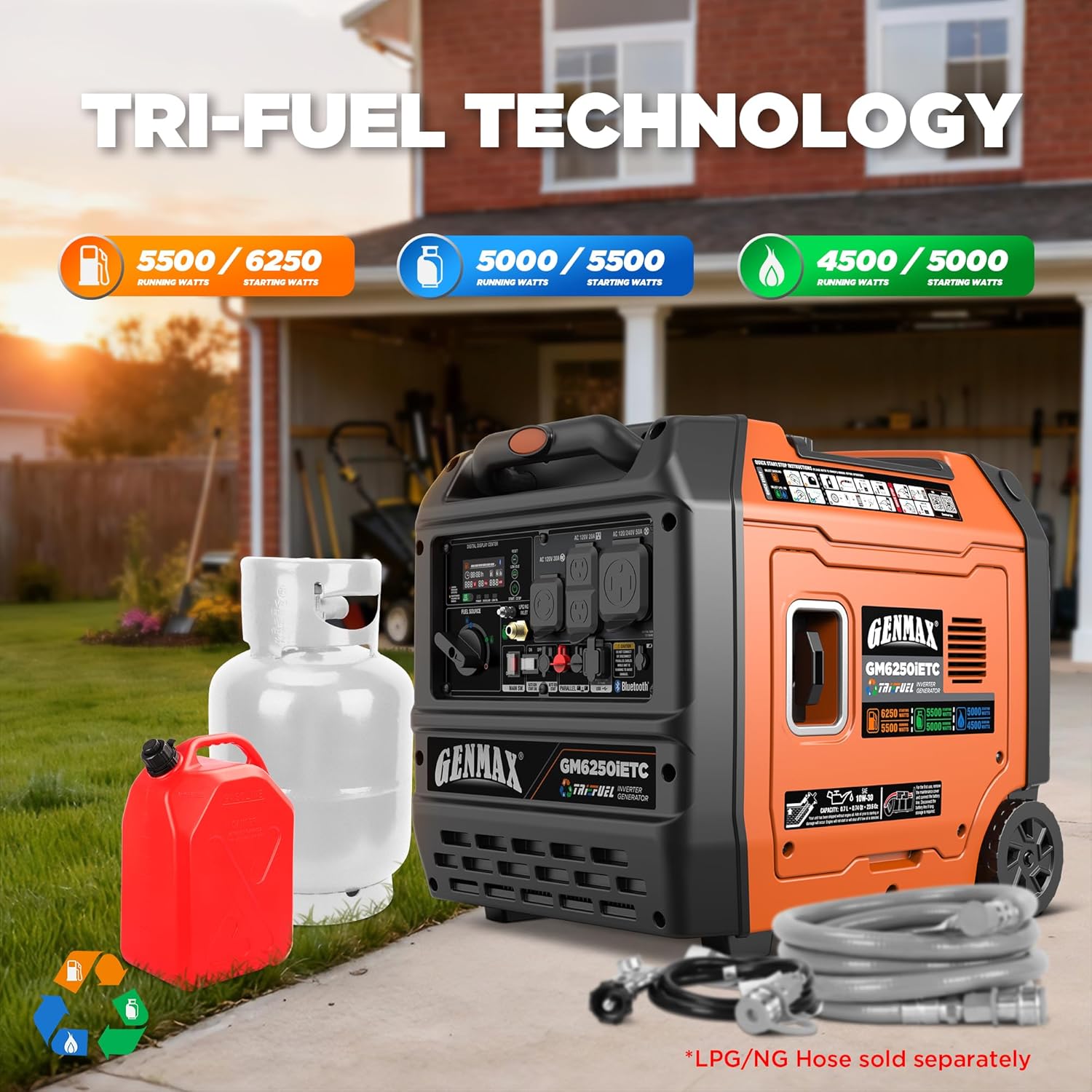 GENMAX 6250w Tri-Fuel Inverter Generator 2-Wire Auto Start/Stop, Bluetooth APP Control