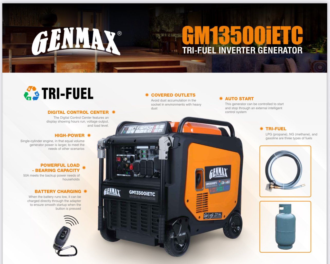 GENMAX GM13500IETC Tri Fuel Portable Generator / with 2 wire Auto Start-Stop