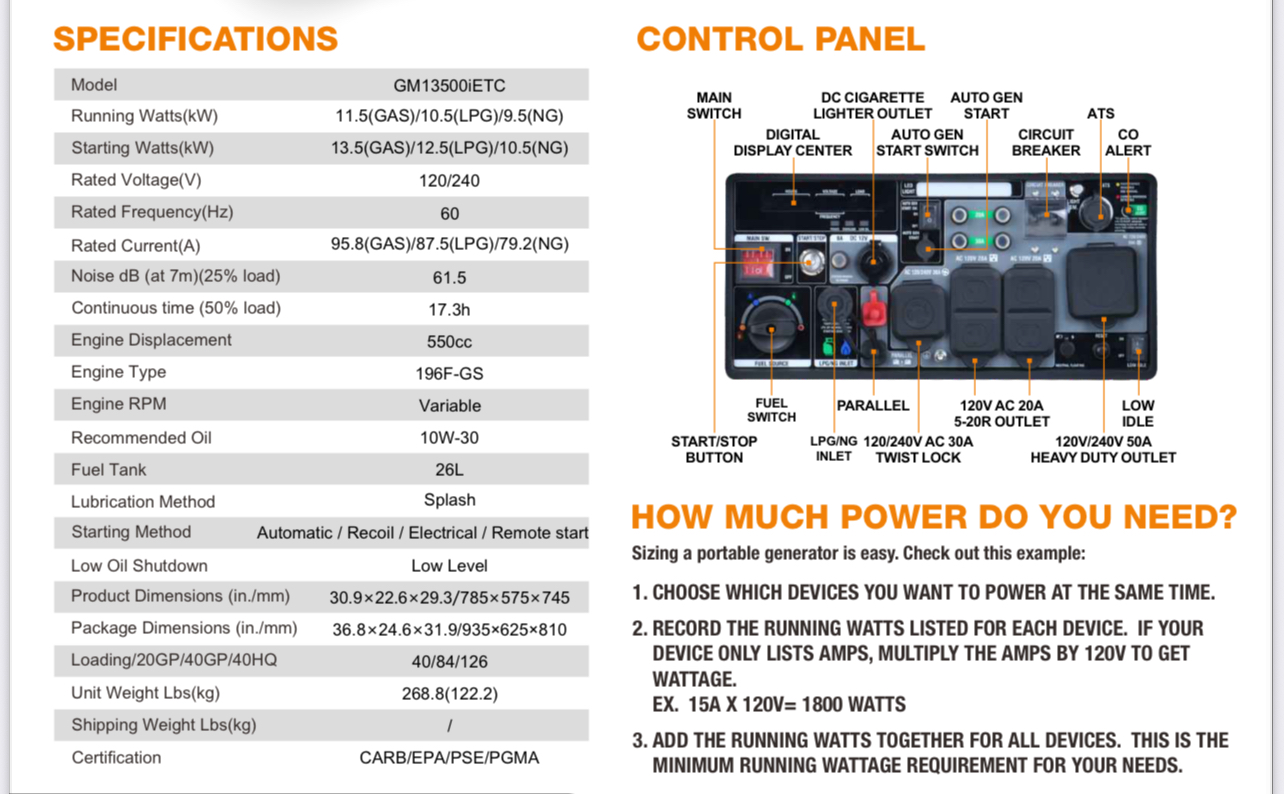 GENMAX GM13500IETC Tri Fuel Portable Generator / with 2 wire Auto Start-Stop