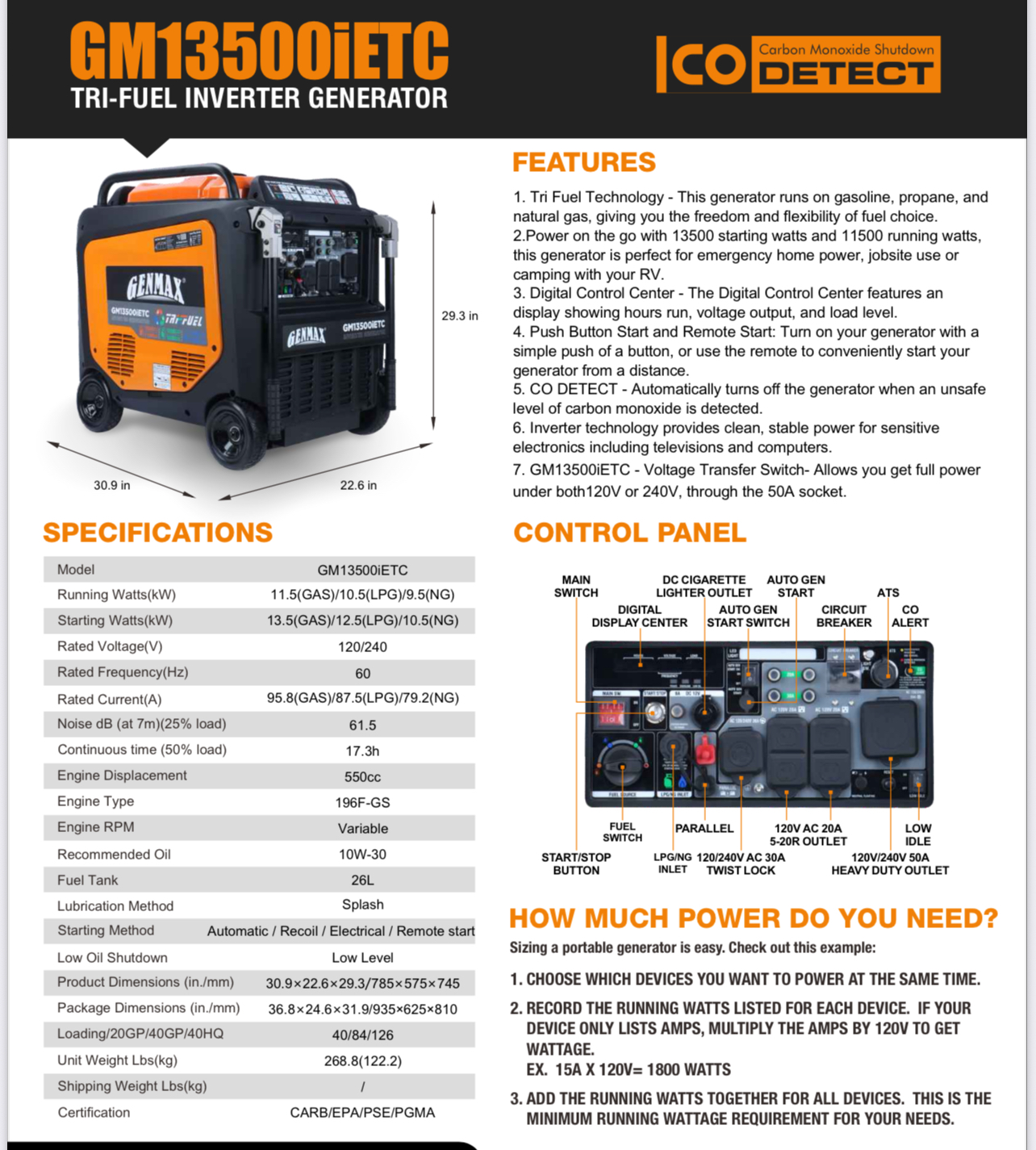 GENMAX GM13500IETC Tri Fuel Portable Generator / with 2 wire Auto Start-Stop